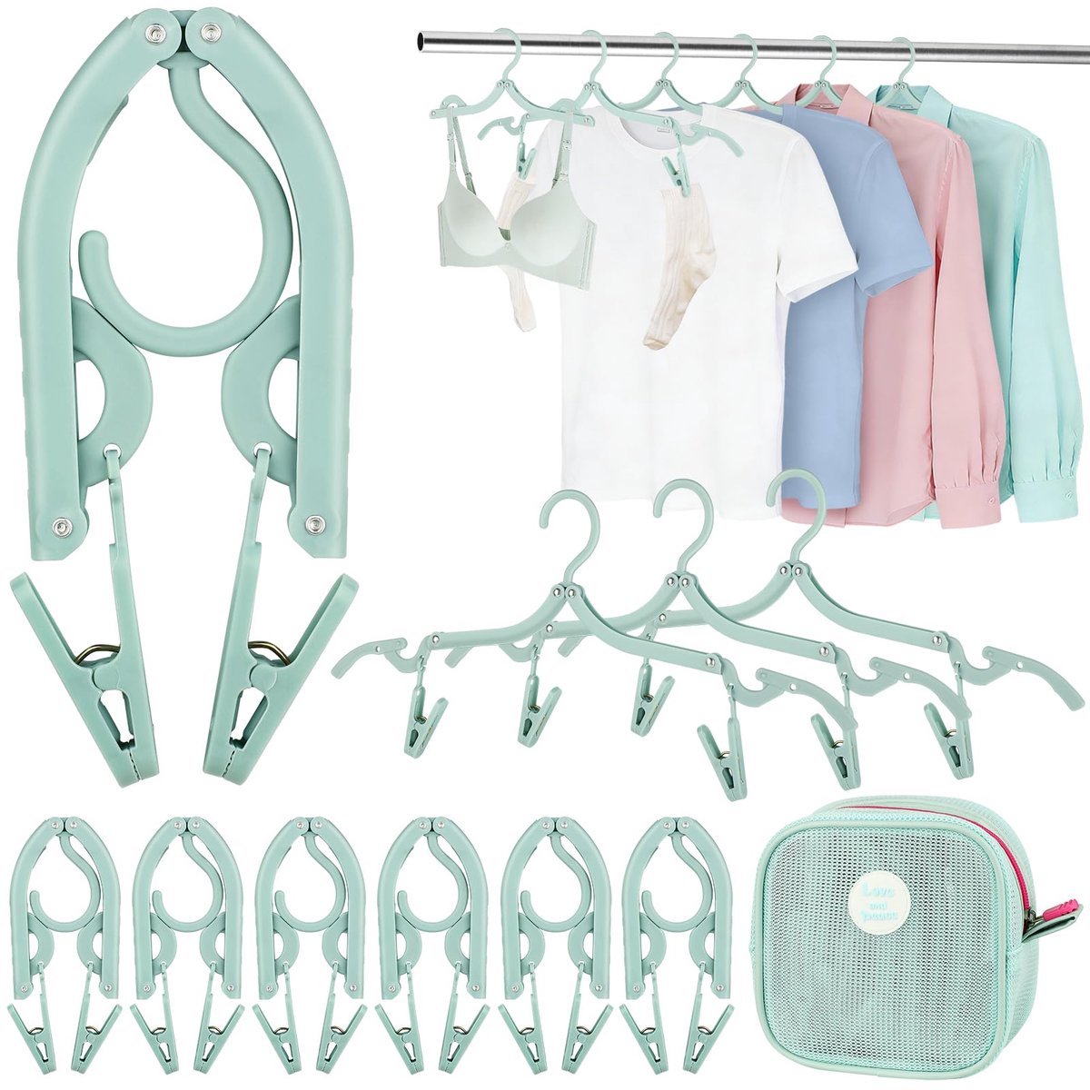 Reis hanger set - 6 opvouwbare hangers met opbergtas en 12 clips ruimtebesparend voor cruise hotel studentenkamer en koffer compact opslag