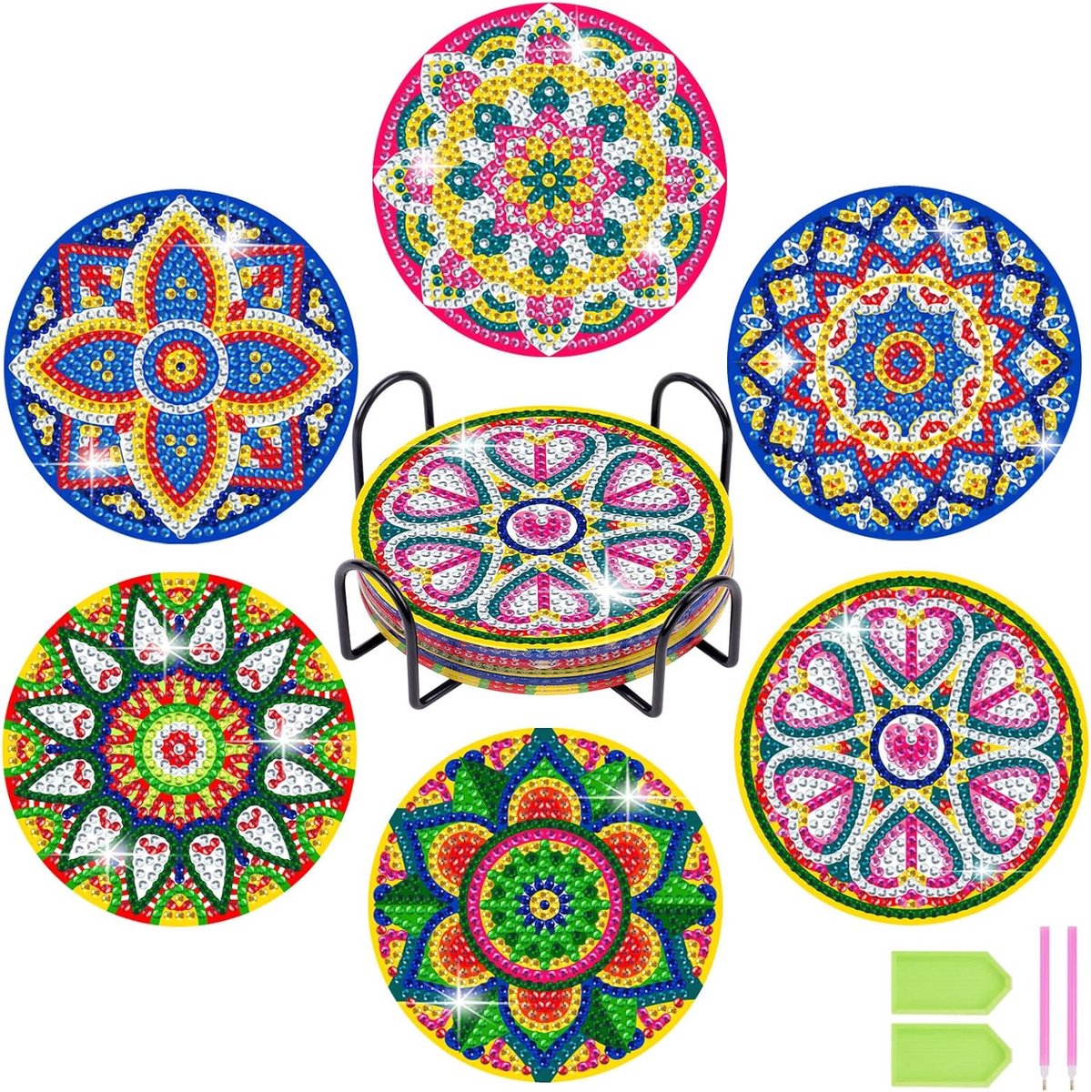 Thijox - 6-Pack Diamantschilderij Onderzetters Set met Standaard, DIY Mandala Coaster, Creatieve Knutselset voor Kinderen en Volwassenen, Perfect voor