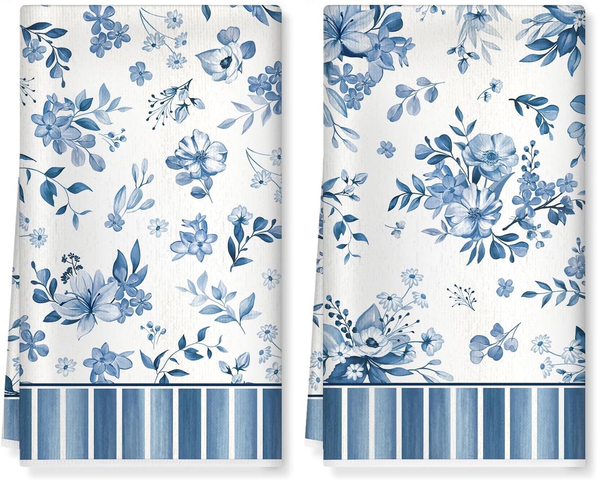Keukenhanddoeken set van 2 - Watercolor bloemenprint - Zacht katoenmix - Perfect voor keukeninrichting - SnelShoppen