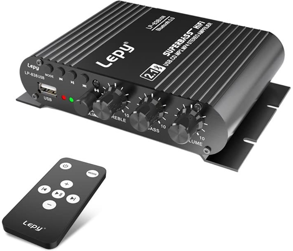 SnelShoppen - LP-838USB Bluetooth 5.0 2.1 Amplifier met 3 Kanalen, Super Bass, Remote Control, USB Voeding, Voor Feest, Camping en Thuisgebruik
