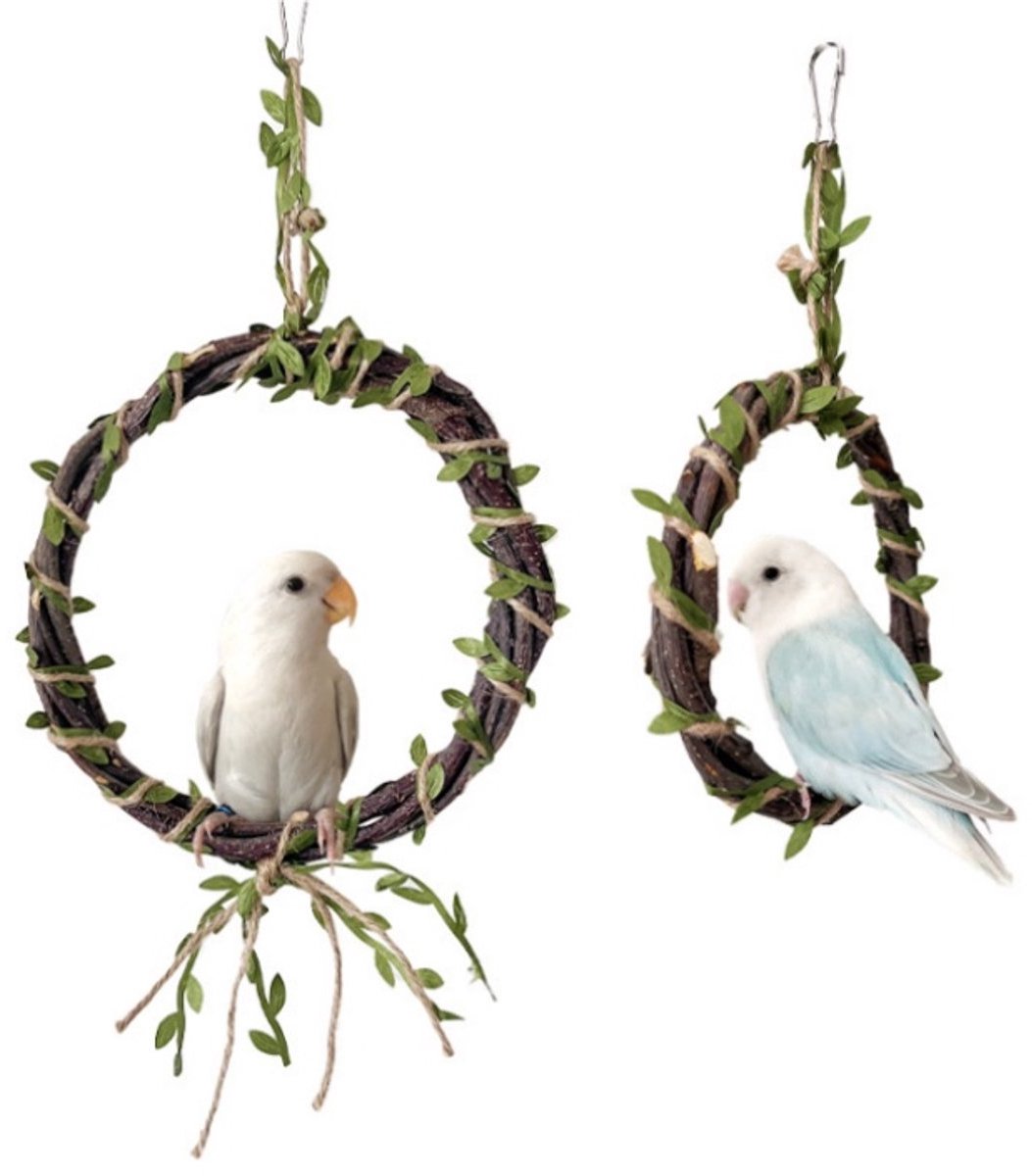 2er Set Vogelspielzeug aus Rattan – Vogelschaukel mit Sitzstange – Kletterspielzeug für Wellensittiche, Papageien & Nymphensittiche – Naturmaterial