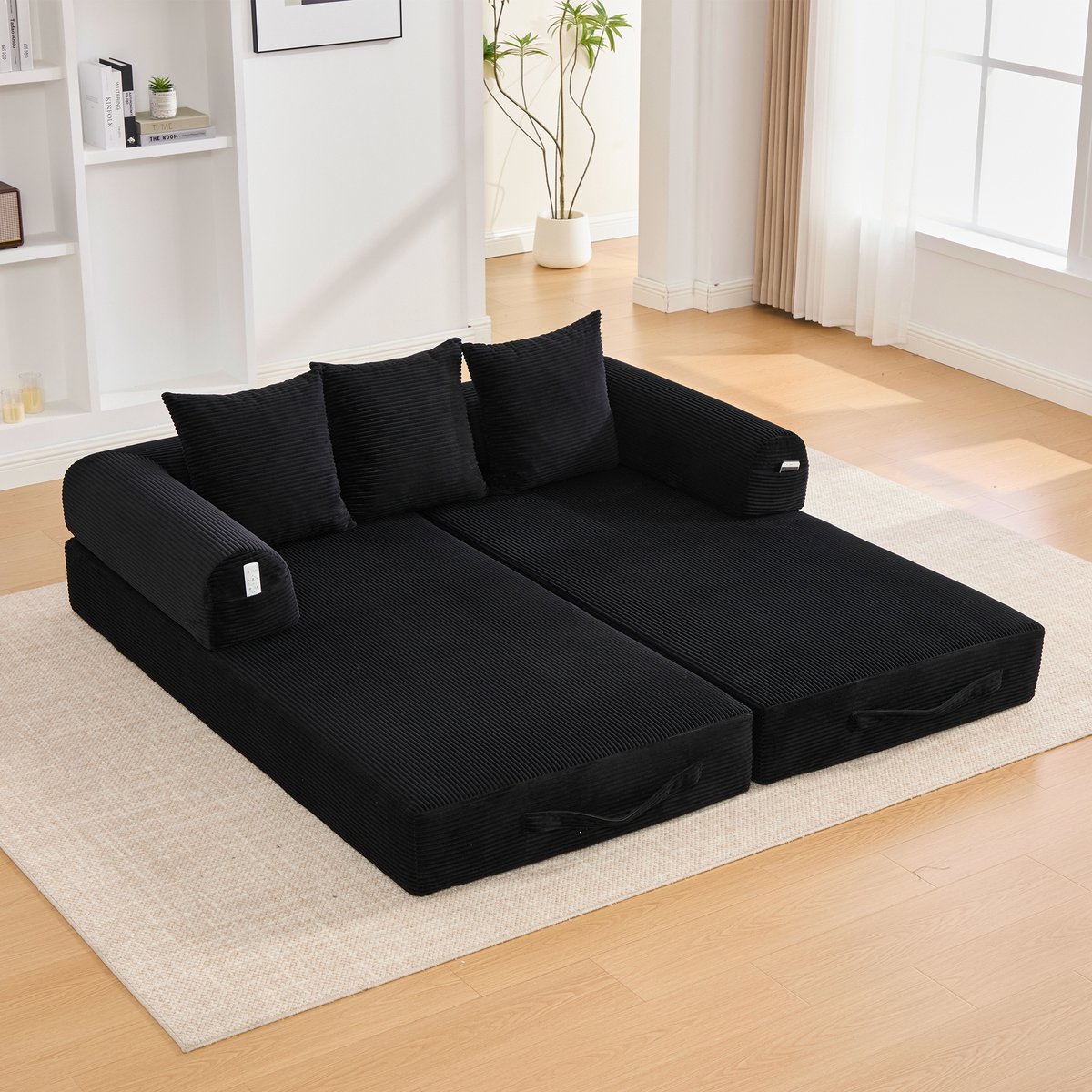MEUNIQ Modulaire slaapbank 3-zits 200 x 94 x 67 cm met metalen frame, opbergtas, 3 kussens en slaapfunctie, woonkamer, zwart