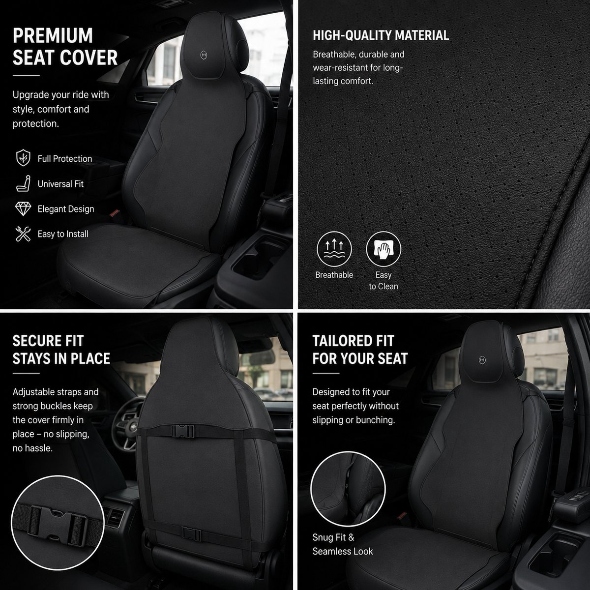 AIM Autostoelbeschermer – Luxe PU Imitatieleer Zit- en Rugkussen - Set van 2 – Nissan Leaf 1 – Airbag Compatibel - M14 - Zwart