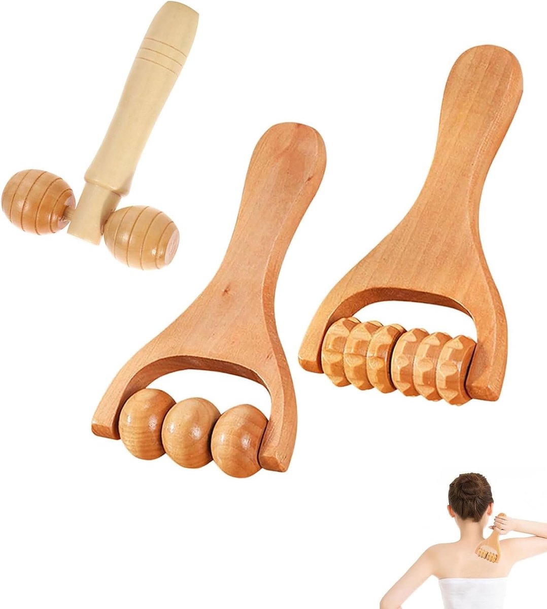 3 stuks houten massagerollen, therapeutisch massagegereedschap van hout met handvat, massageroller met handvat - ShopVlot