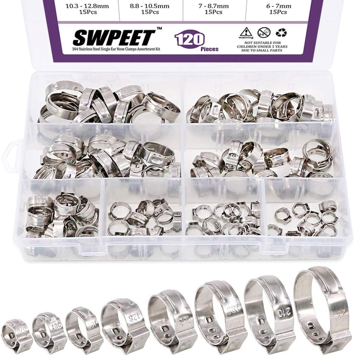 Hose clamps 120pcs - 8 maten - 304 roestvrij staal - ideaal voor auto en apparaten - SnelShoppen