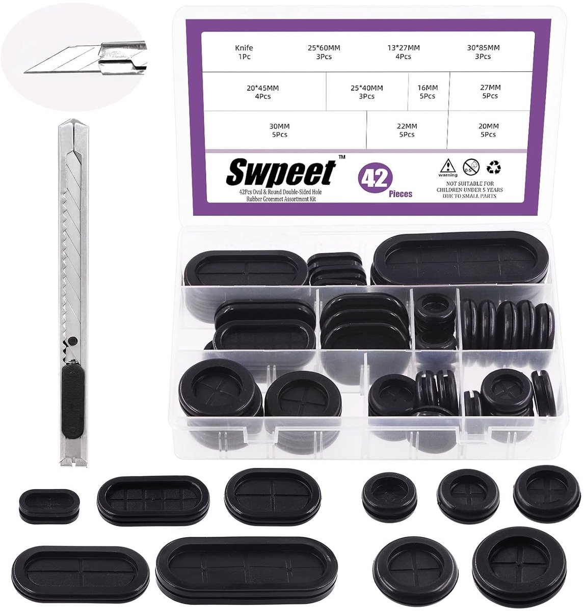 Rubberen grommets set 42-delig - dubbelzijdig rond en ovaal - inclusief knutselmes - bescherming voor kabels - SnelShoppen
