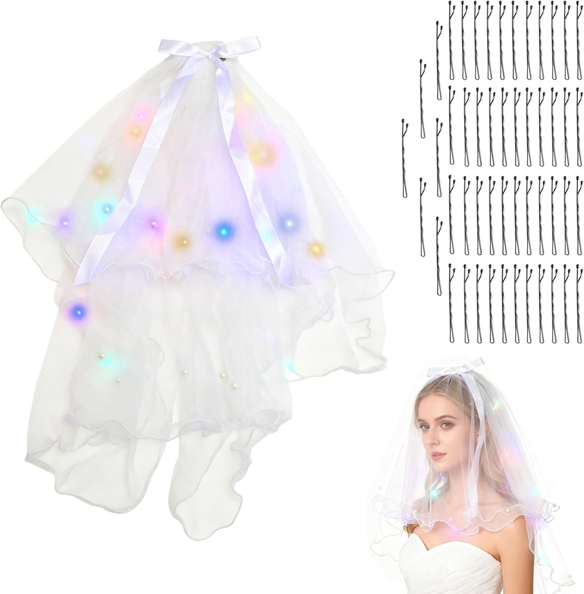 Bruidsvel met LED verlichting - korte zachte trouwsluier - 50 stylingclips - perfect voor fotografie - SnelShoppen
