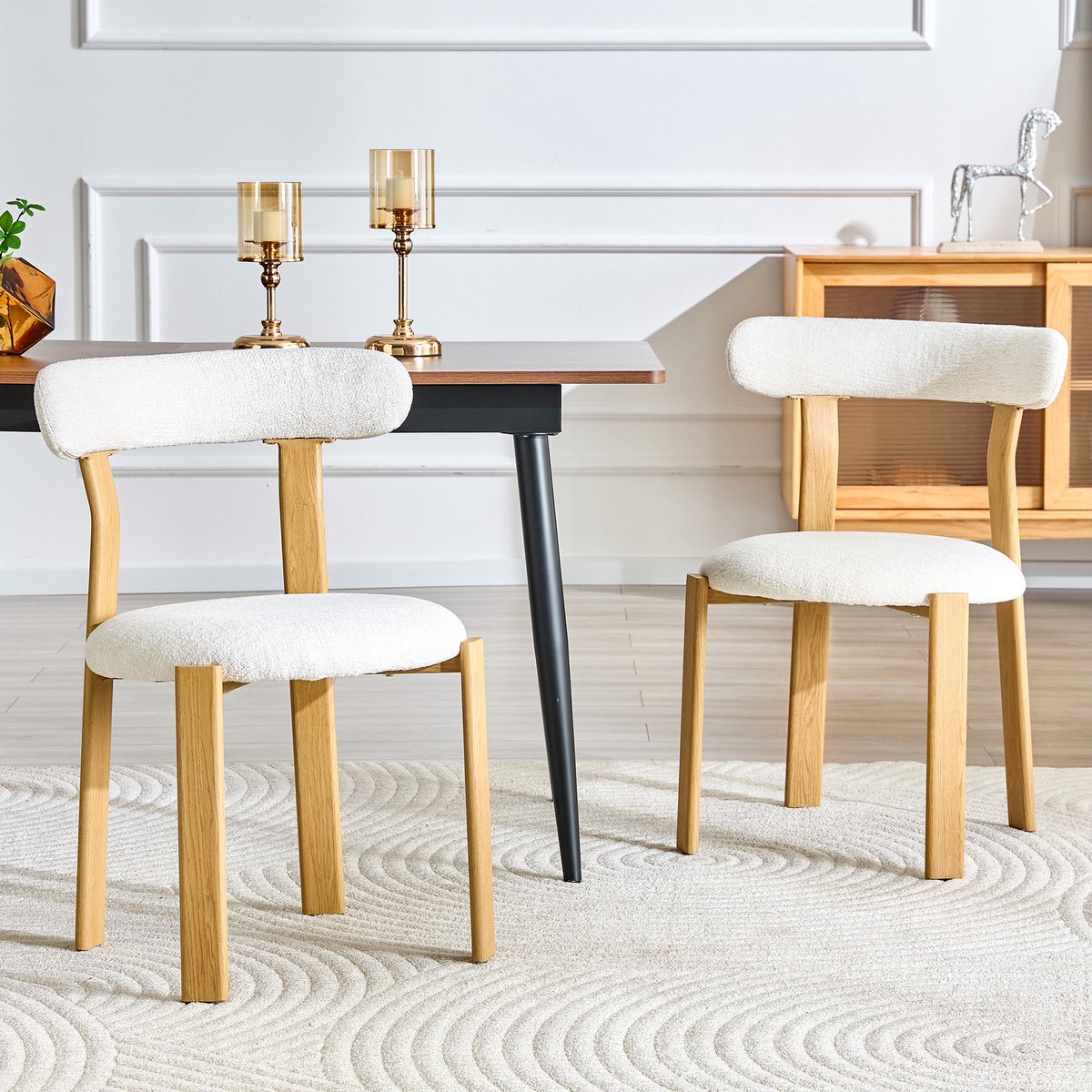 DESMIU Eetkamerstoel - Set van 2 - Ergonomische Rugleuning En Gevoerde Zitting - Voor Eetkamer, Woonkamer En Make-uptafel - Bouclé - Wit