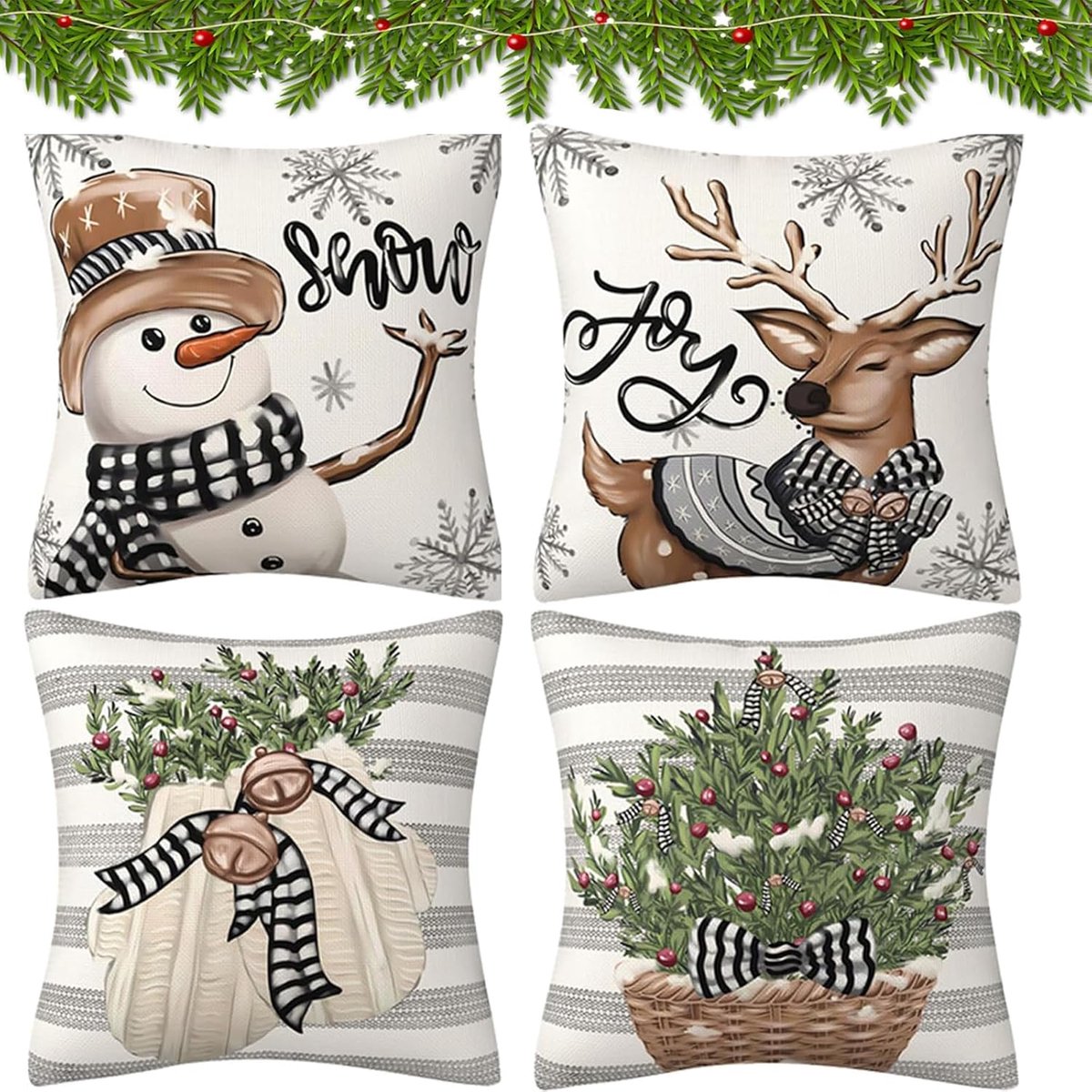 Decoratieve Kussenhoezen 45 x 45 cm - Kerstmis Sneeuwman en Eland - Eucalyptus Design - Perfect voor Sofa of Slaapkamer - ShopVlot