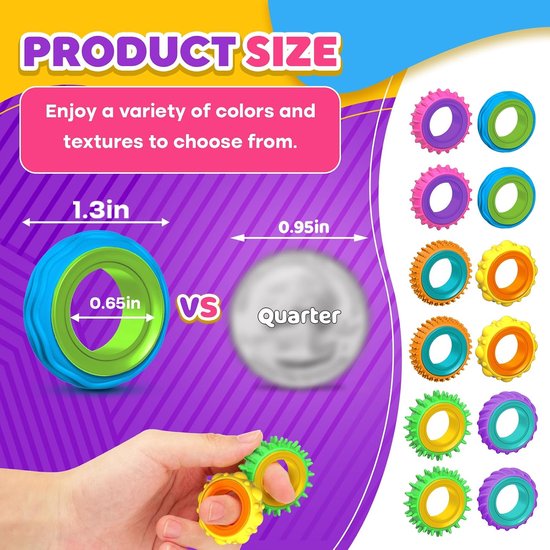 Blauwe en groene fidget toy naast een kwartje, met zeven gekleurde fidget toys op een rij.