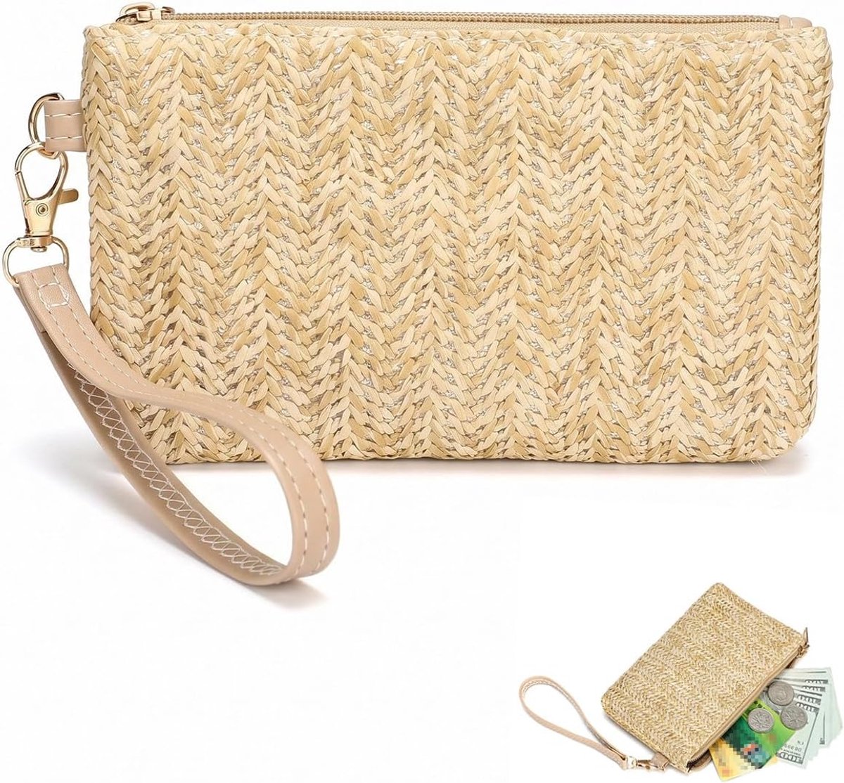 Damesportemonnee 13x9 cm - Beige stro met ritssluiting - Compact en plat ontwerp - Ideaal voor dagelijks gebruik - SnelShoppen