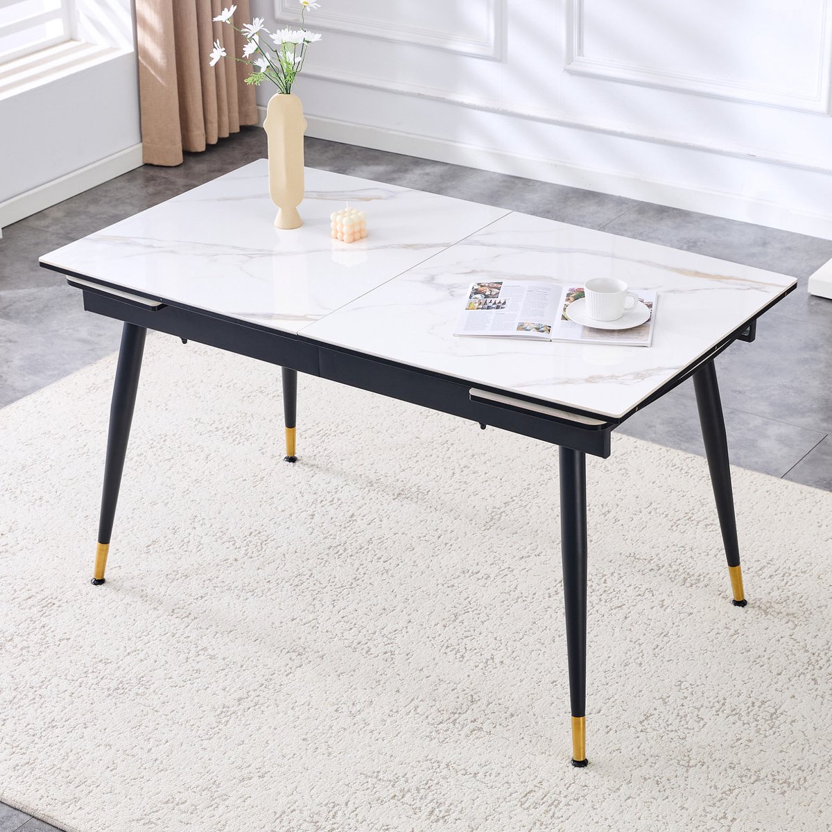 Verlengbare Eettafel - Keramisch Tafelblad Met Marmerlook - Zwarte Metalen Poten Met Gouden Accenten - 200x80x76 Cm - Wit