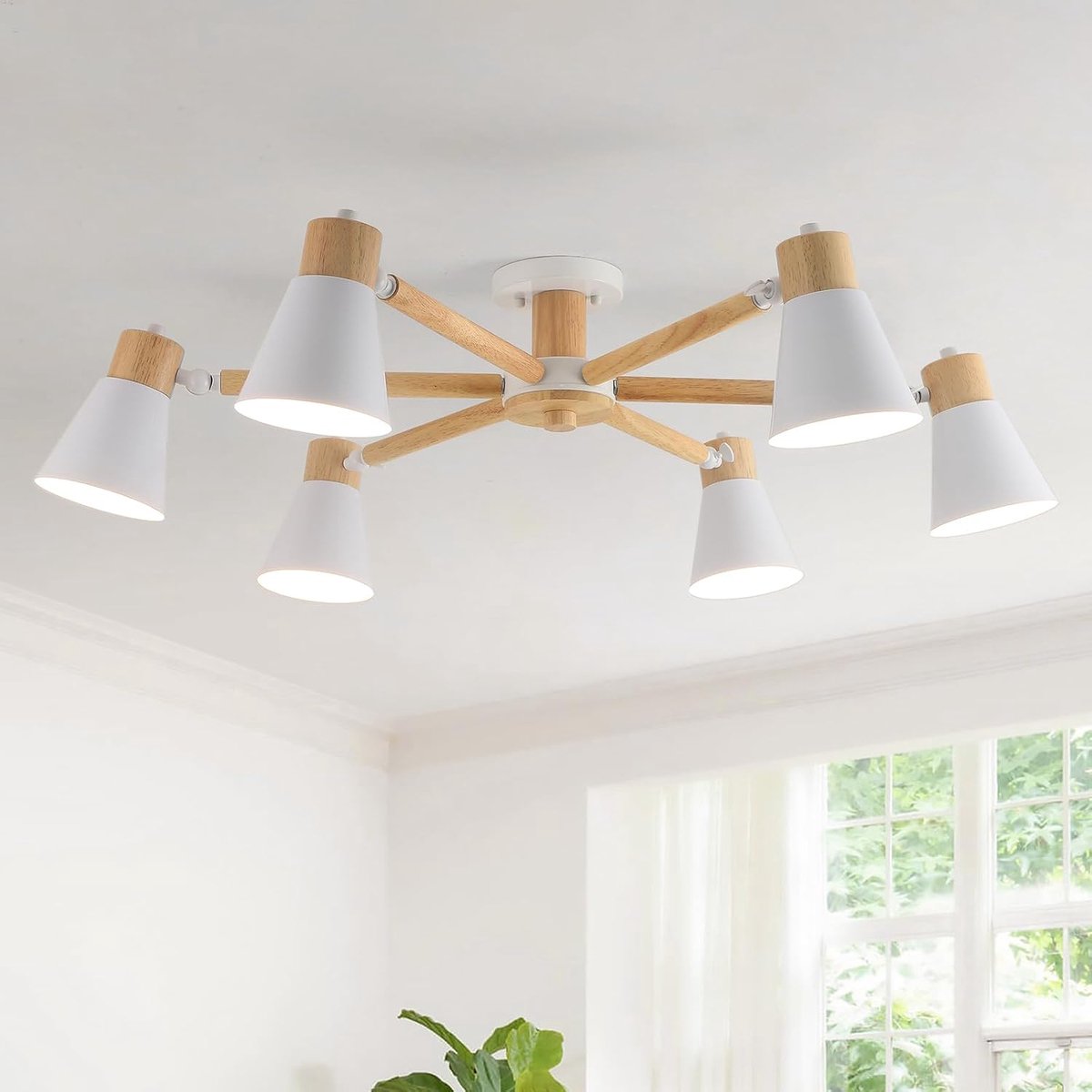 Plafondlamp 6-Lichten Ø82cm - Houten en IJzeren Lamp - Moderne Verlichting - Ideaal voor Eetkamer en Woonkamer - SnelShoppen