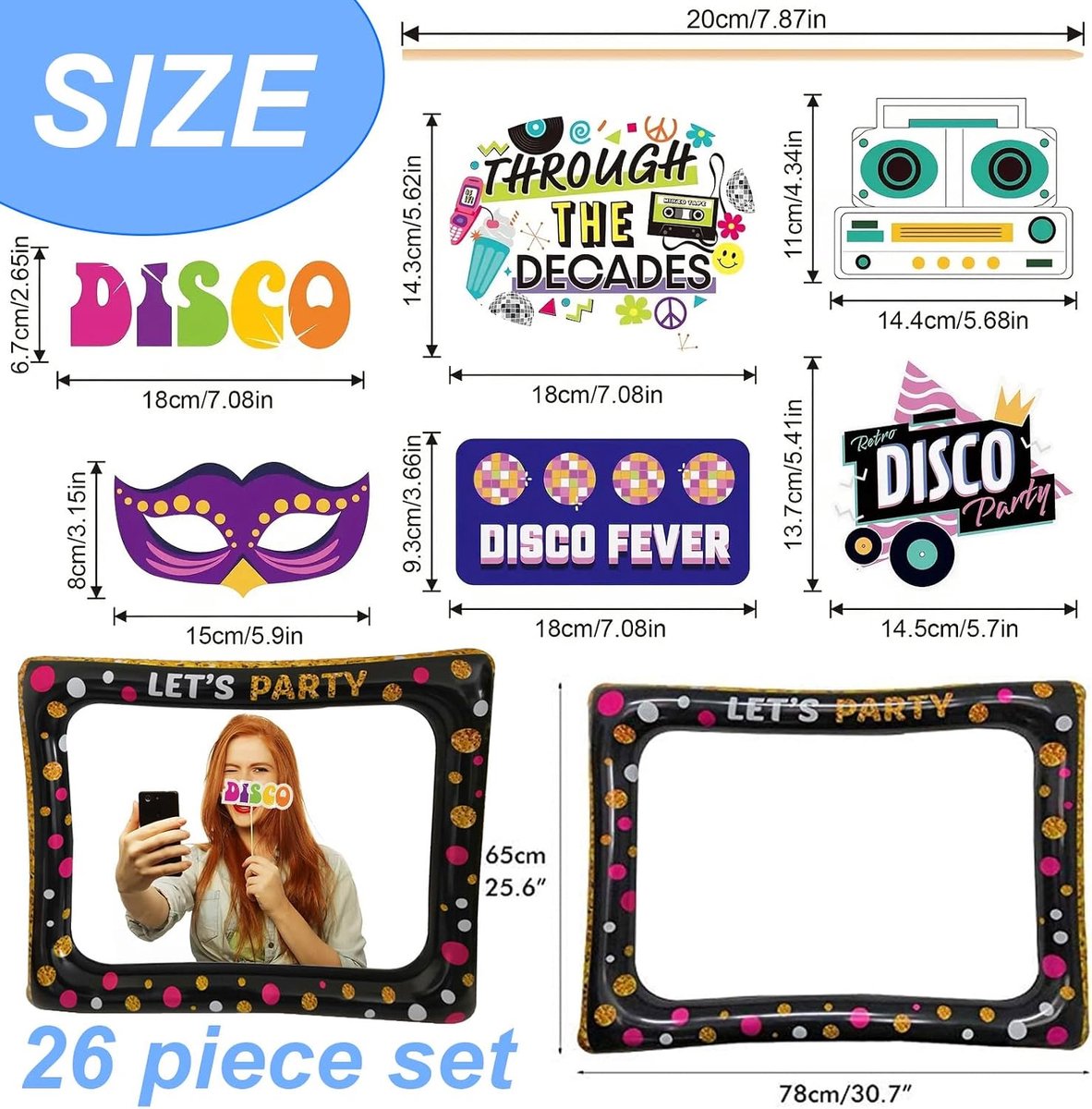 Fotoprops set 25 retro disco accessoires - opblaasbaar PVC fotokader - perfect voor funky selfies en groepsfoto's - SnelShoppen