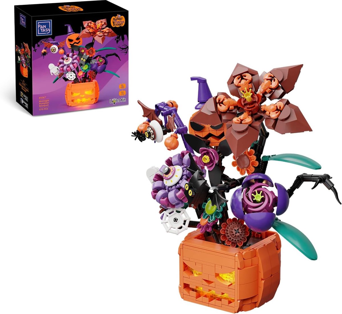 Bouwset pompoenboeket met licht - Halloween decoratie - Creepy bloemen met twee lichtmodi - Perfect voor verzamelaars - ShopVlot