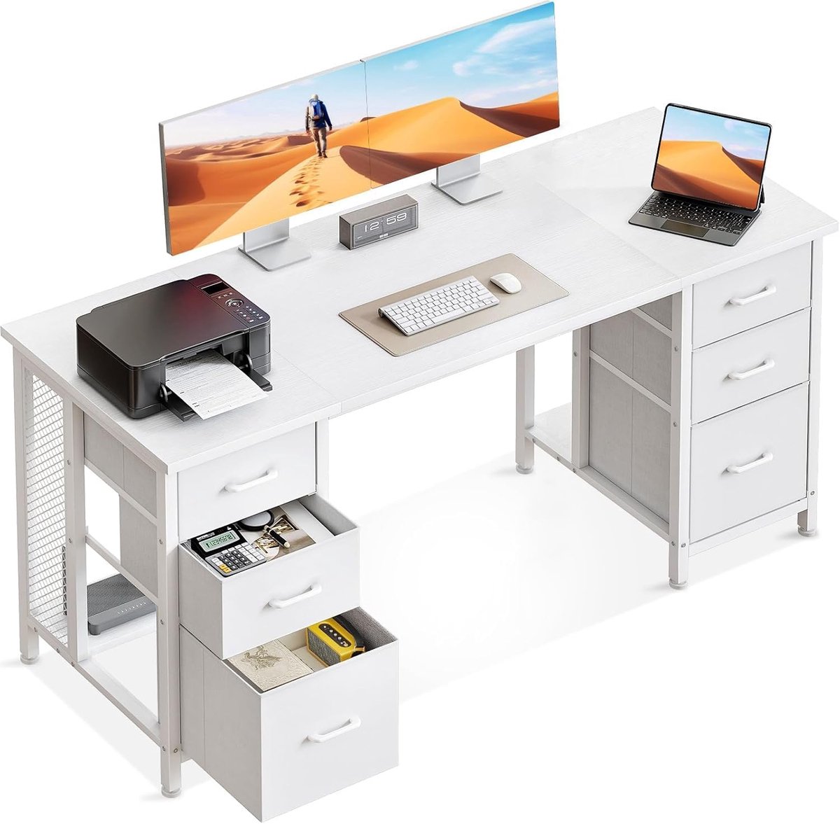Bureau 160x52 cm - Wit - Met 6 laden en planken - Perfect voor thuiskantoor - ShopVlot