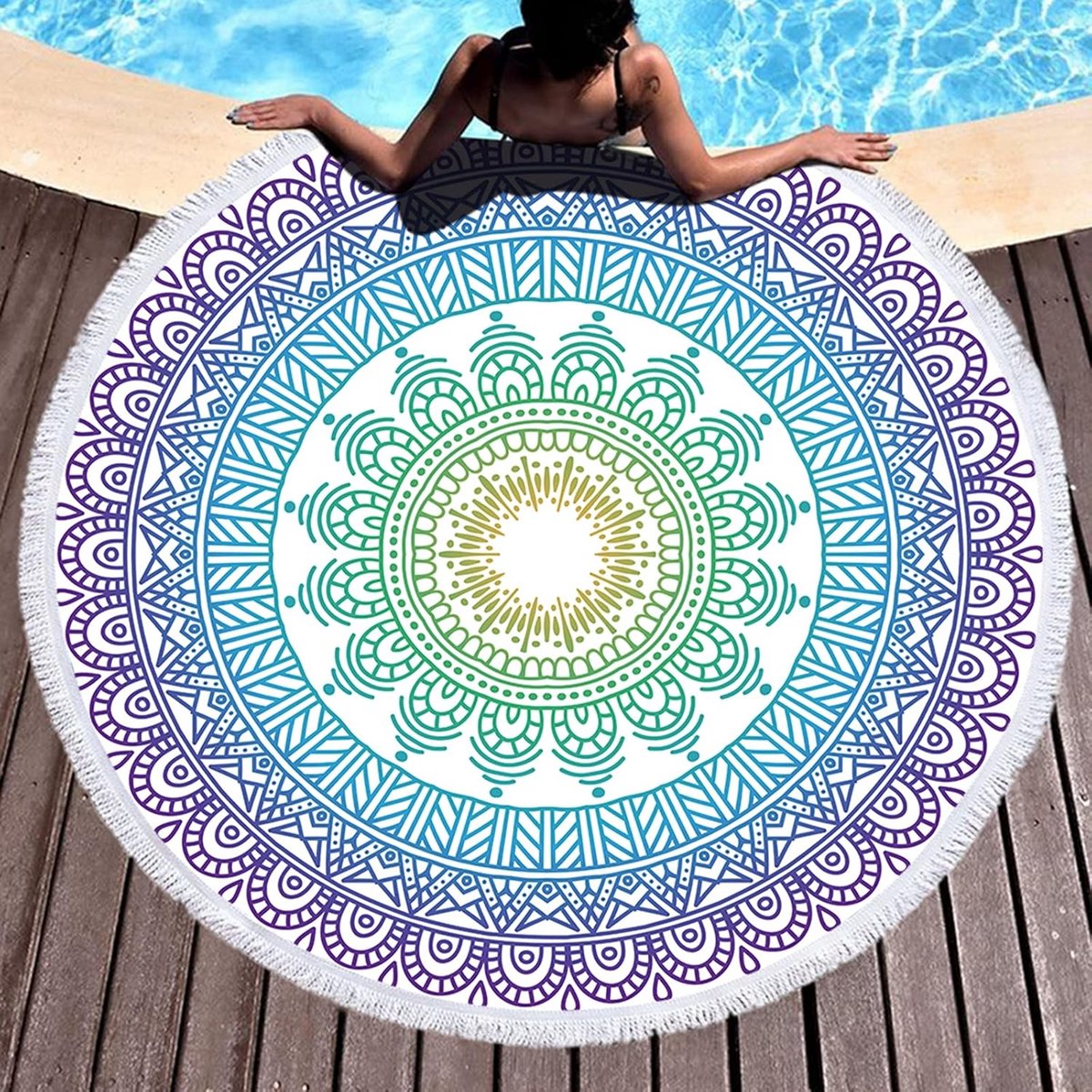 Ronde strandhanddoek 150 cm - mandala design - met franjes - perfect voor strand en yoga - ShopVlot