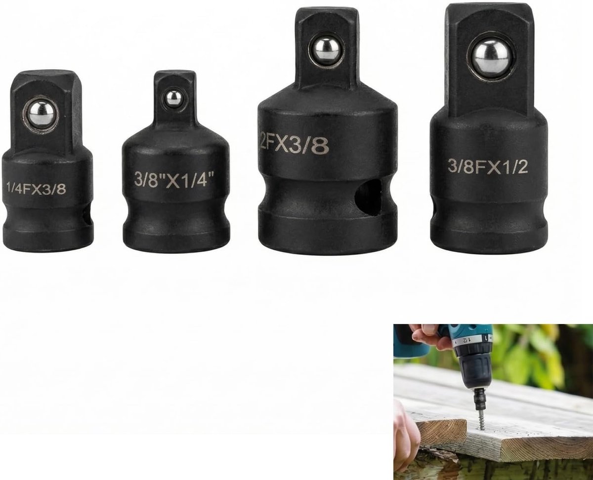 Steeksleuteladapter set 4-delig - chroom-vanadium staal - 1/4 naar 3/8, 3/8 naar 1/4, 3/8 naar 1/2, 1/2 naar 3/8 - ShopVlot