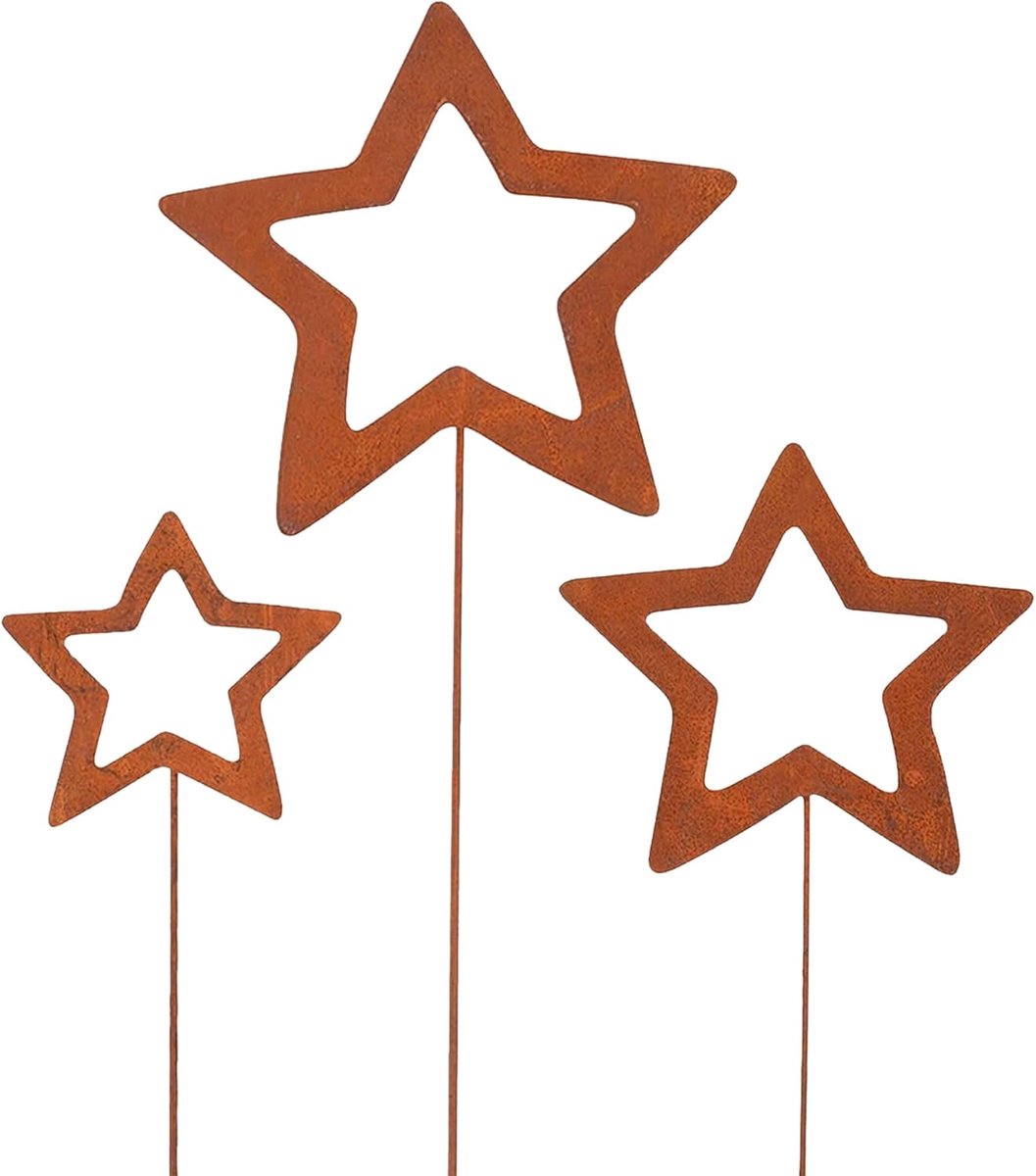 Tuindecoratie tuinplug ster 3-delig - patina metaal - 90 cm hoog - perfect voor kerstdecoratie - ShopVlot