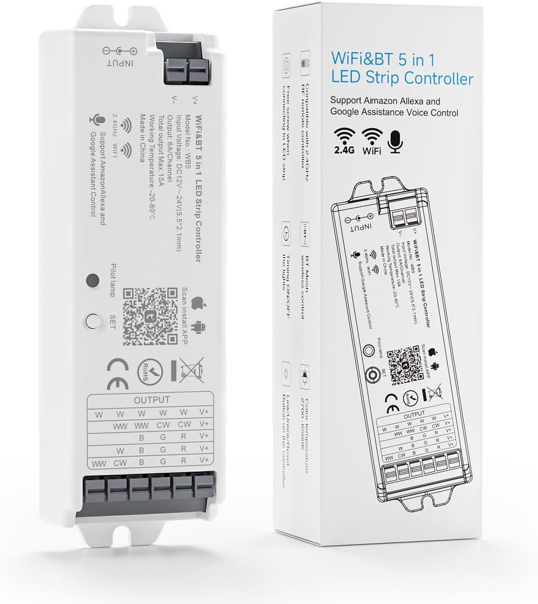 WiFi LED controller - 5 in 1 - voor RGB, CCT en RGBW - eenvoudig te bedienen met app of spraak - ShopVlot