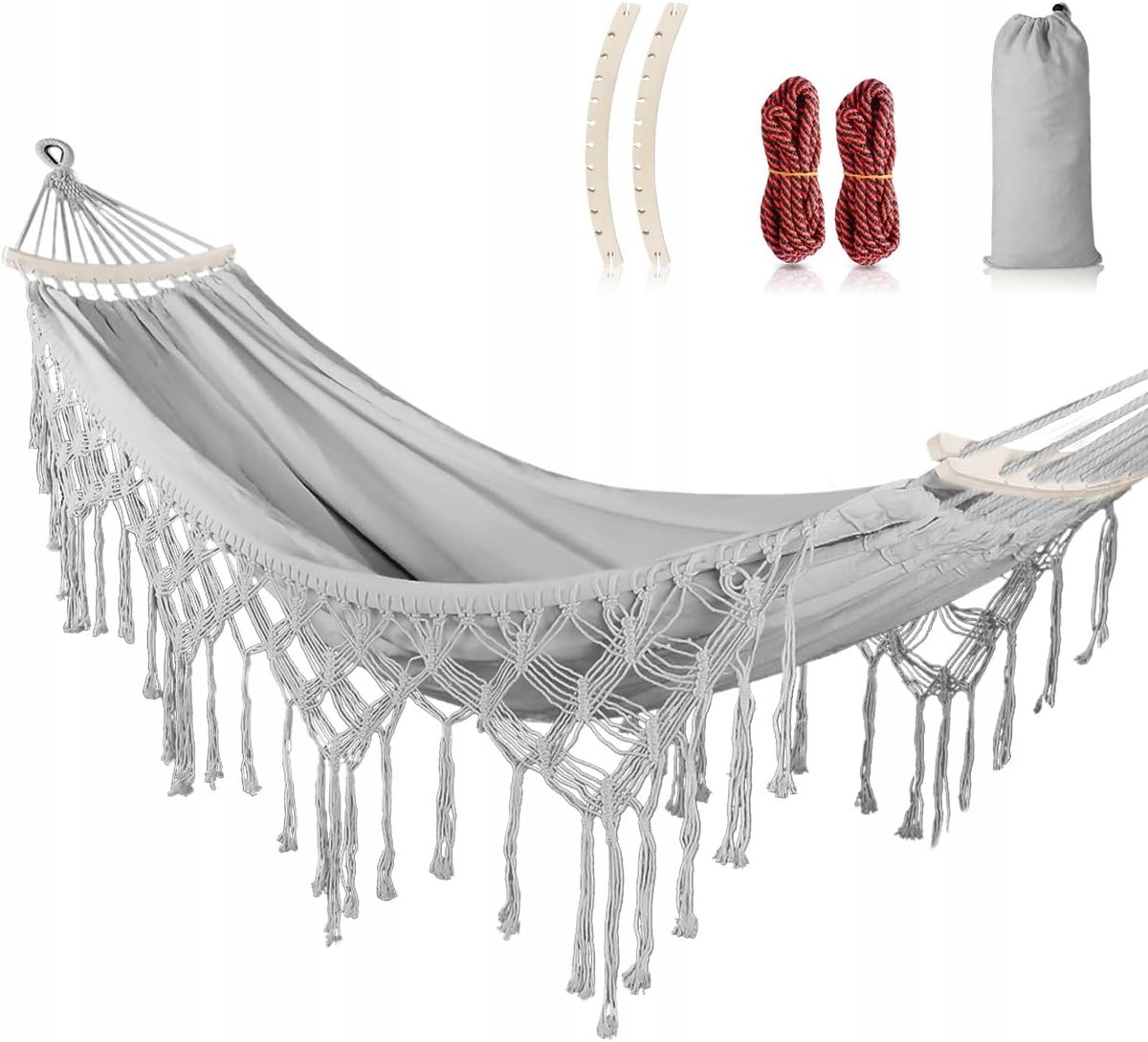 Luxe Boho Hamak met Fringe - 226 kg Draagvermogen - Canvas - Inclusief Tas