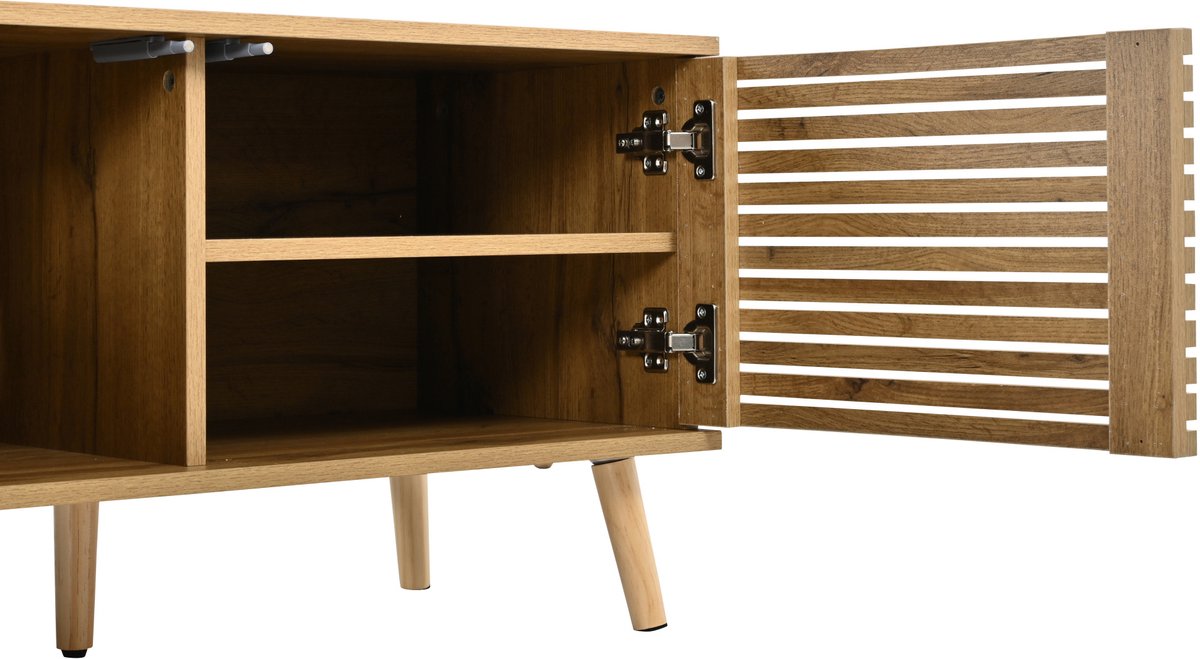 STILVORA TV Meubel Met 4 Deuren En Lamellenfront, Kabeldoorvoer En Opbergvakken, Voor Woonkamer, Natuurkleur, 180 x 40 x 46 Cm