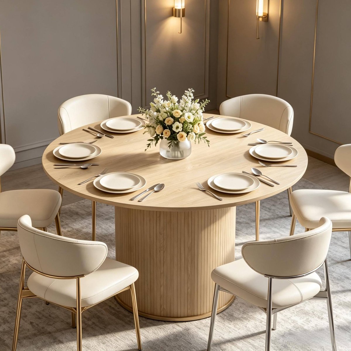 Ronde Eettafel - 120 Cm Voor 4 Tot 6 Personen - Moderne Houtlook Met Cilindrische Basis - MDF En Spaanplaat - Naturaal