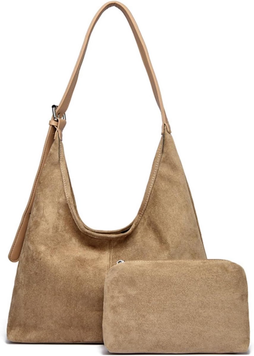 Draagtas dames 17,6 l - khaki suède - slouchy hobo schoudertas - perfect voor dagelijks gebruik - ShopVlot