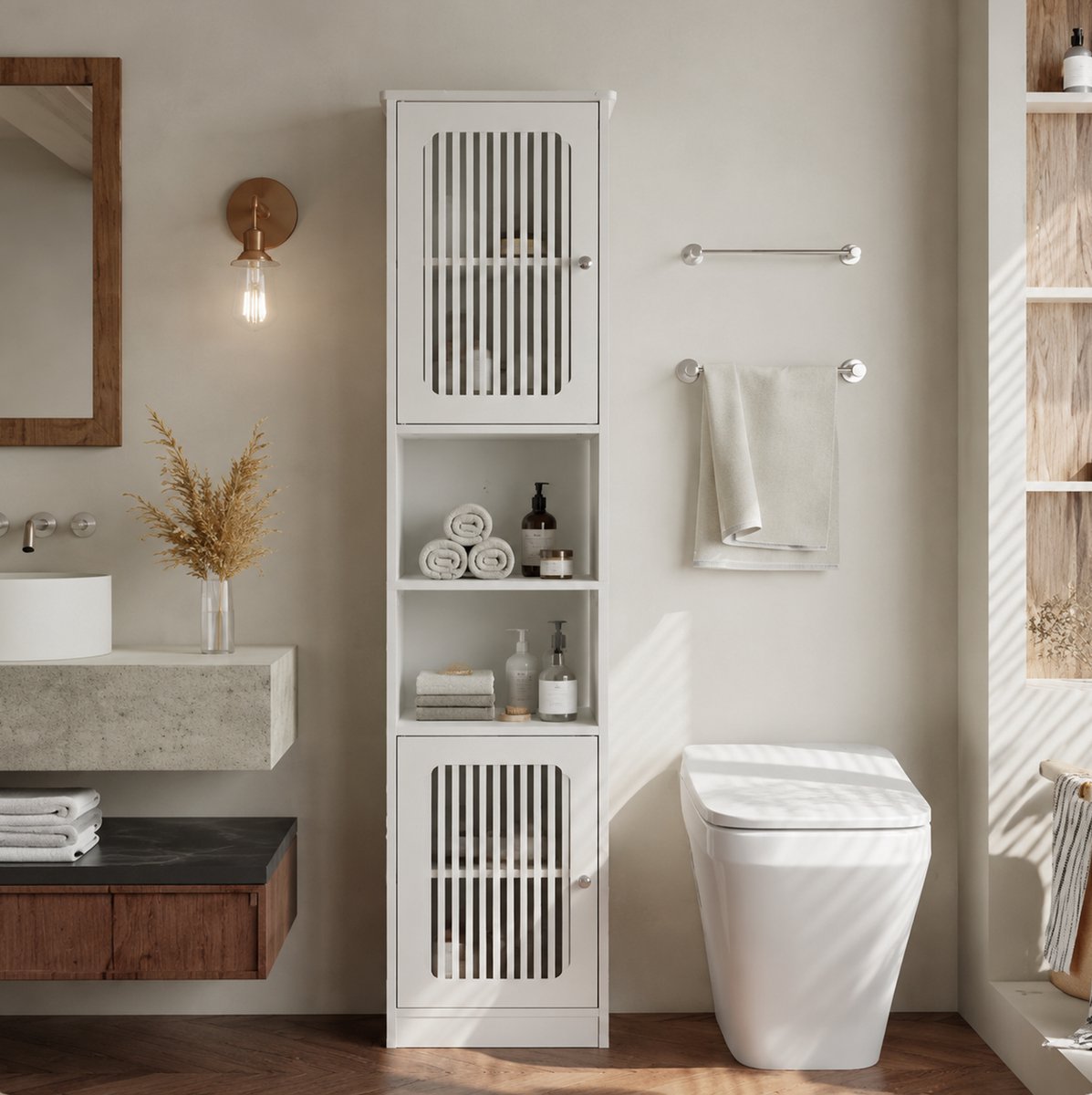 OKWISH Badkamerkast Hoge Smalle Vakkenkast 163 Cm Wit Met Verstelbare Planken En Lamellendeuren Voor Badkamer En Balkon