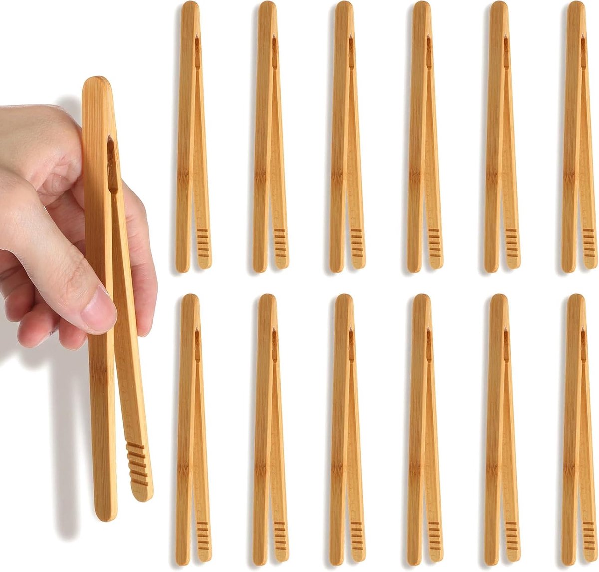 12 stuks bamboetang, 18 cm grilltang, hout, keukentang, houten tang, toasttang met antislipgroef, keukentang, HotPot-accessoires voor toast, thee, barbecue, picknick, fruitthee