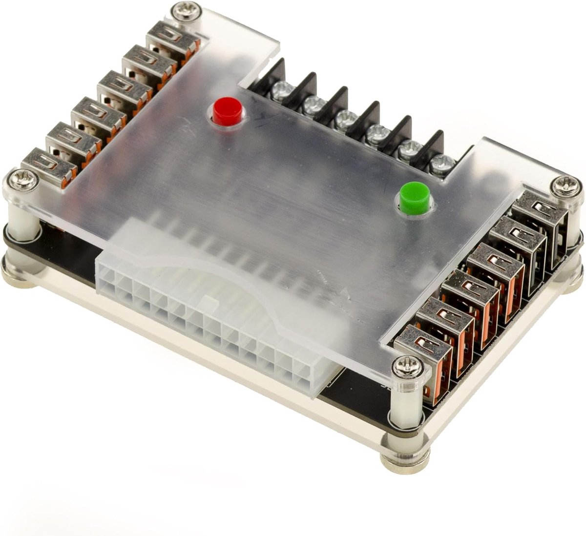 Breakout Board Voeding ATX 24 - ATX24 naar 10 USB-poorten en aansluitblok 3,3V 5V 12V -12V | 24-pins ATX breakout kaart verdeelt spanningen 3,3 V, 5 V, 12 V en -12 V over tien USB-poorten en een schroefklemmenblok.