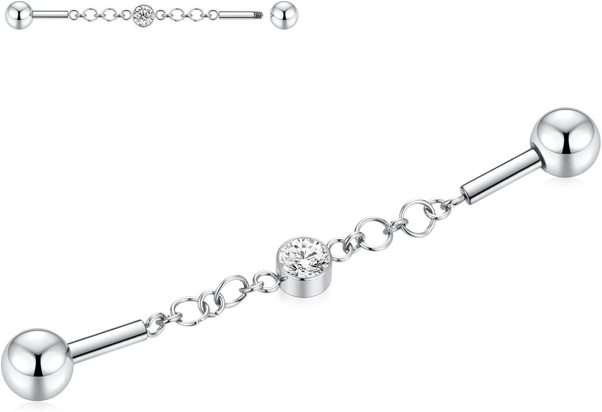 hengkaixuan Industriële barbell 14G chirurgisch staal industriële barbell 38 mm lange industriële barbell met verharde zirkoniastenen voor dames en heren