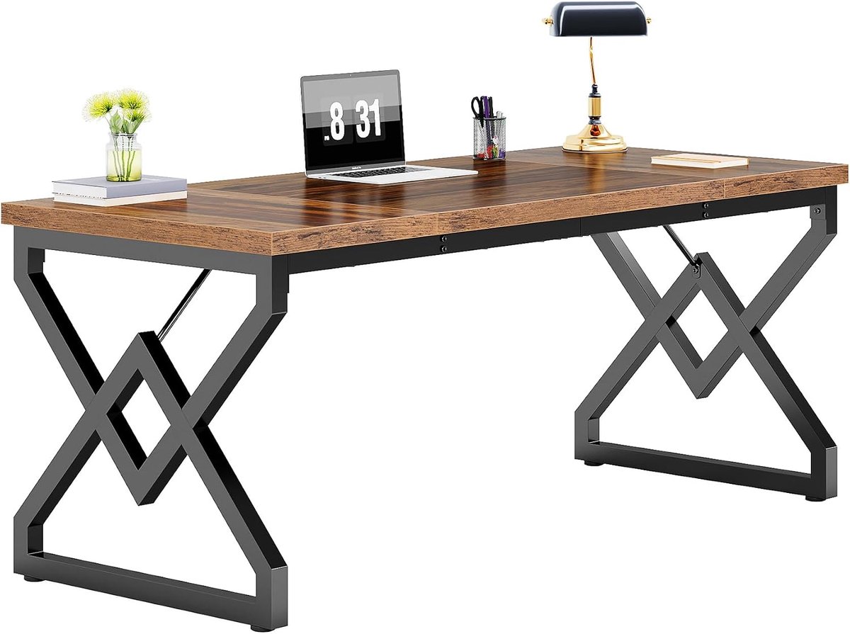 160 cm Executive Bureau, groot kantoor computerbureau met extra dik houten tafelblad en metalen frame, modern, eenvoudig werkstation schrijftafel, studiebureau voor thuiskantoor, vintage