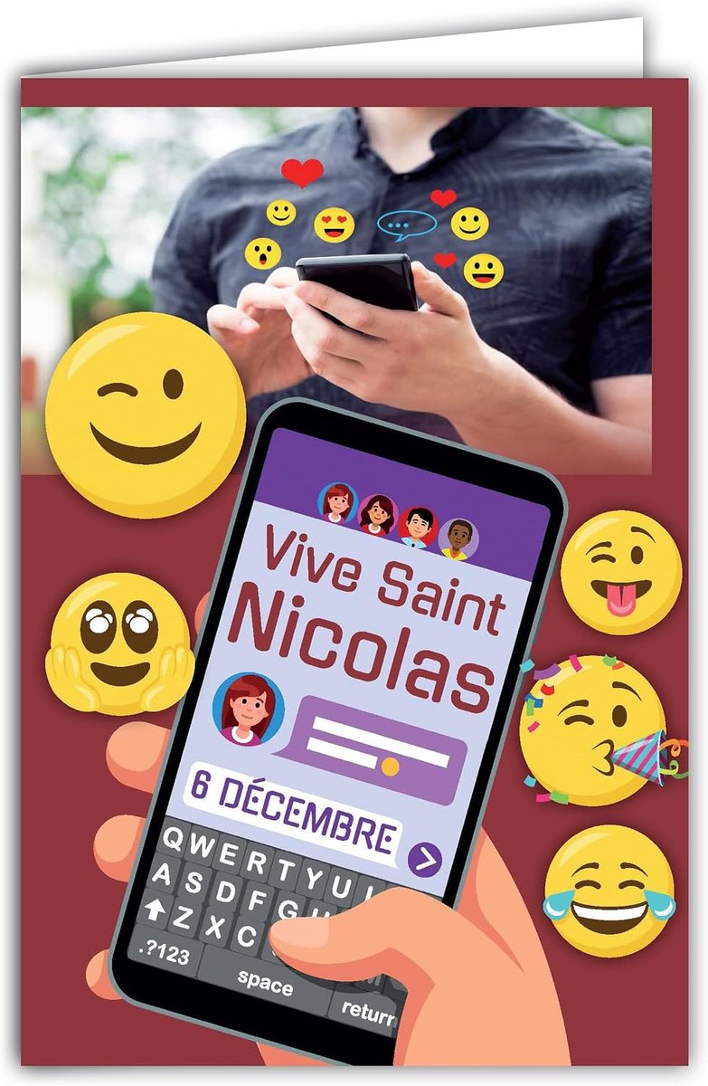 Die opent, Vive Sinterklaas, Gelukkig Feest, 6 december Smileys Emoticons Smartphone Online Chat Sociaal Netwerken Jongen Kind Tiener Vriend Vriend - Met Witte Envelop, Formaat 12 x 17,5 cm