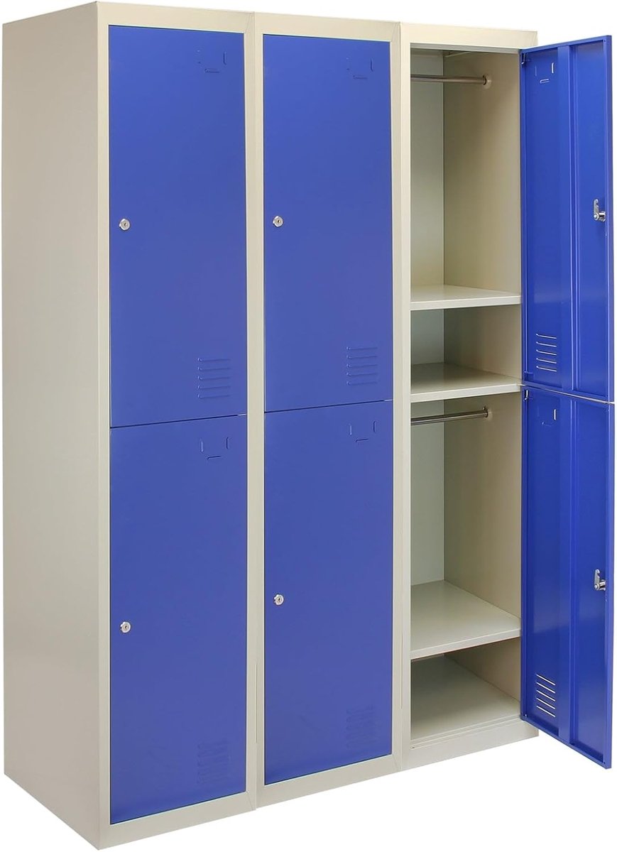 Metalen opslaglockers 3 x blauw - robuust staal - met deuren en naamkaartjes - ideaal voor gym of school - SnelShoppen