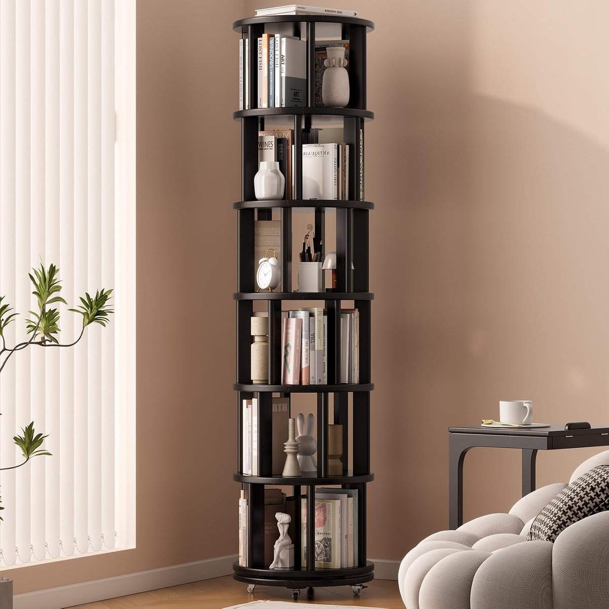 Boekenkast met 6 niveaus, 360 graden draaibaar, vrijstaande boekenkast voor kinderen, draaibare hoekplanken voor kantoor, woonkamer en slaapkamer, zwart