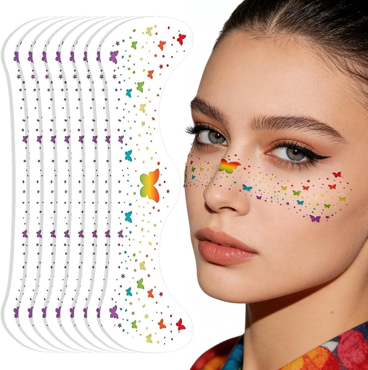 Tatoeages, 8 stuks, kleurrijke glitters, bruisende tatoeages, waterdicht, voor pride feesten, concerten, carnaval (kleur A)