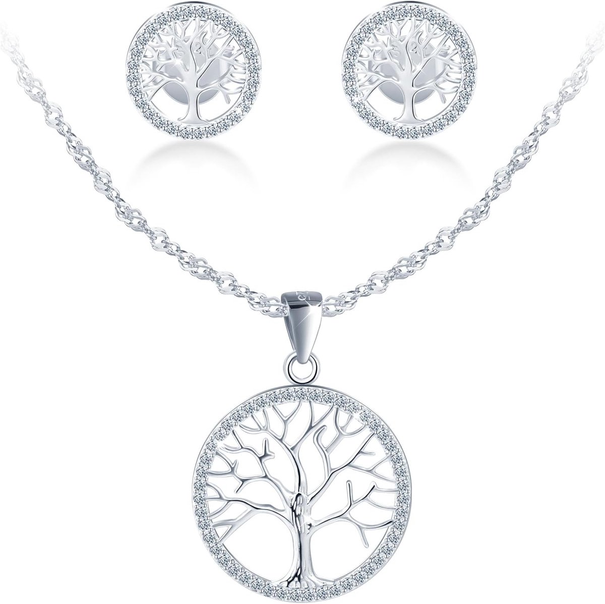 ketting en oorstekerset met zirkonia voor dames, 925 sterling zilver, levensboom, sieradenset, boom oorbellen en halsketting, zilveren sieradenset voor vrouwen en meisjes