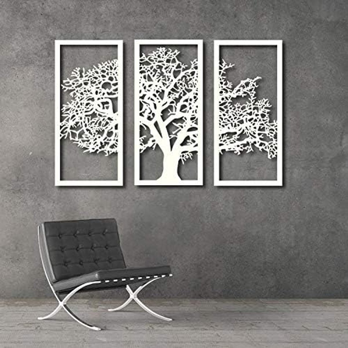 3 ingelijste panelen stamboom, levensboom metalen kunst aan de muur, muurbevestiging metalen sculptuur, wanddecoratie, huis woonkamer slaapkamerdecoratie 3 stuks x (32,5 x 27,5 cm) (wit)