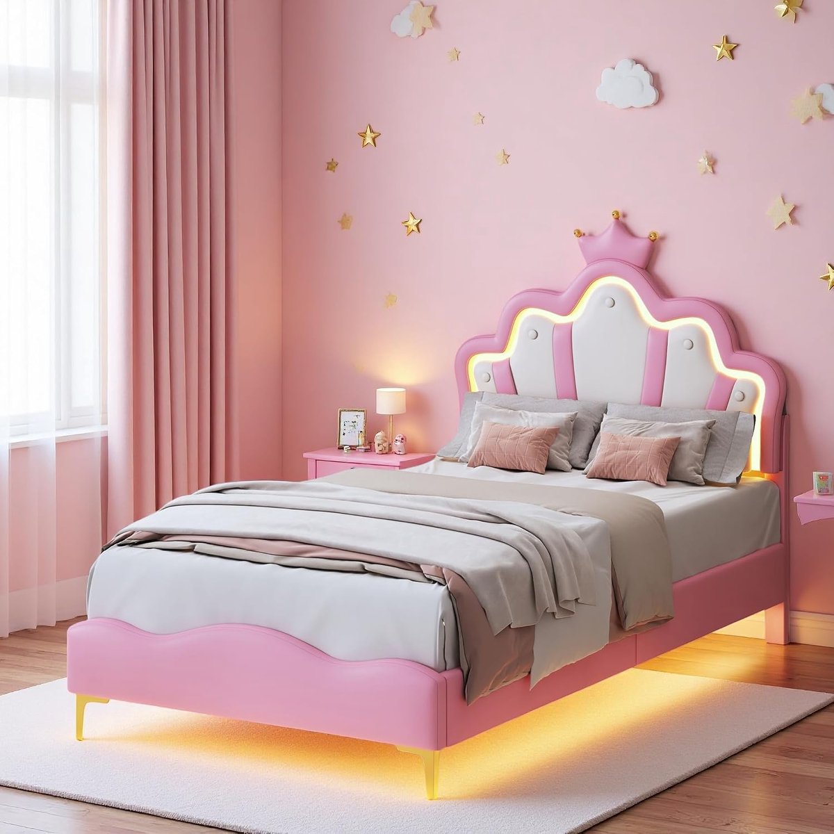 90 x 190 cm, gestoffeerd bed voor meisjes, prinsessenbed met kroonhoofdeinde en ledverlichting, eenpersoonsbed met lattenbodem, jeugdbed, in hoogte verstelbaar, PU-leer