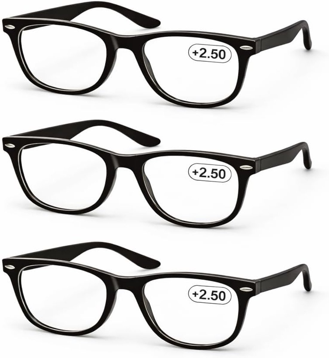 Leesbril voor dames en heren + 2,50 | zwart frame met transparante glazen voor nabijheid en rechthoekige stijl