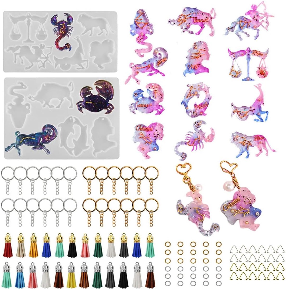 104 stuks siliconen gietvormen, epoxyhars vormen, sleutelhanger, hanger, hars sleutelhanger, siliconen vormen, sterrenbeeld met 24 stuks kwasthangers, 24 stuks sleutelring met ketting