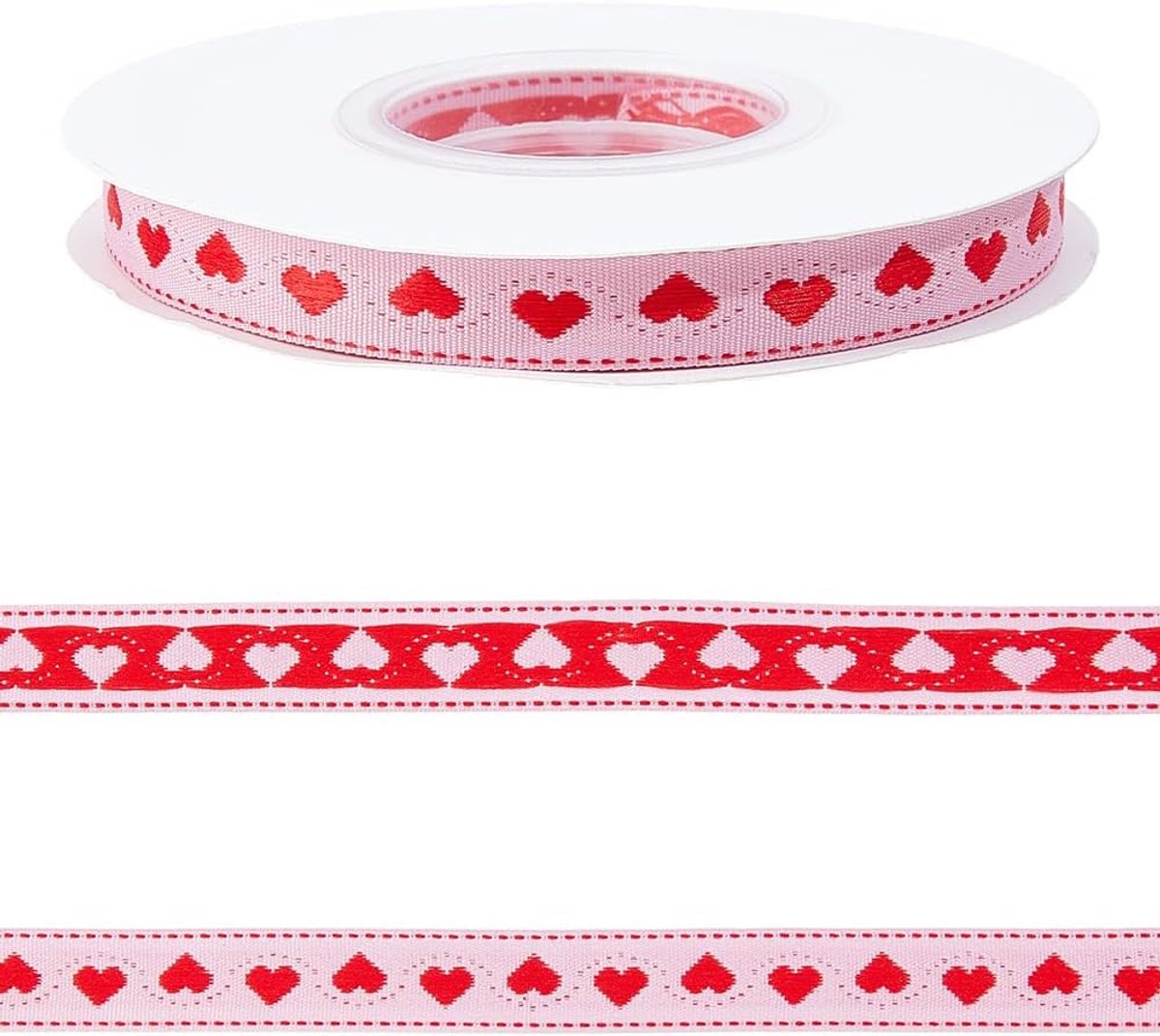 13,72 m 12 mm wit roze hartjespatroon polyester liefdeslint grosgrain Valentijnsdag hartjeslinten bulk met spoel voor naaien, maken van kransen, boeketten, bruiloft, verjaardag, knutselen