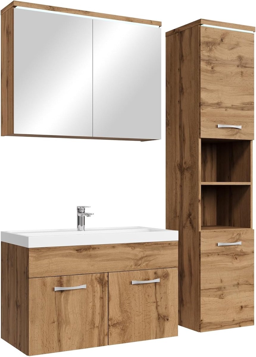Badkamermeubel Set Paso 80 x 40 cm - Eiken - Badmeubel met spiegelkast en zijkast