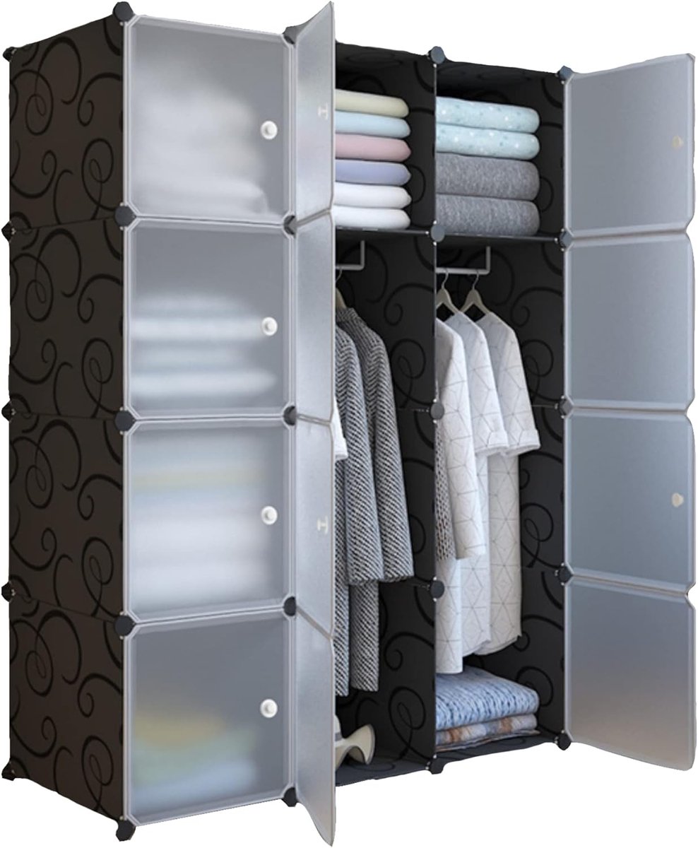 kast, modulaire kledingkast, kledingkast voor thuis, opbergrek voor slaapkamer, 12 modules, 2 stangen, 140 x 105 cm, zwart