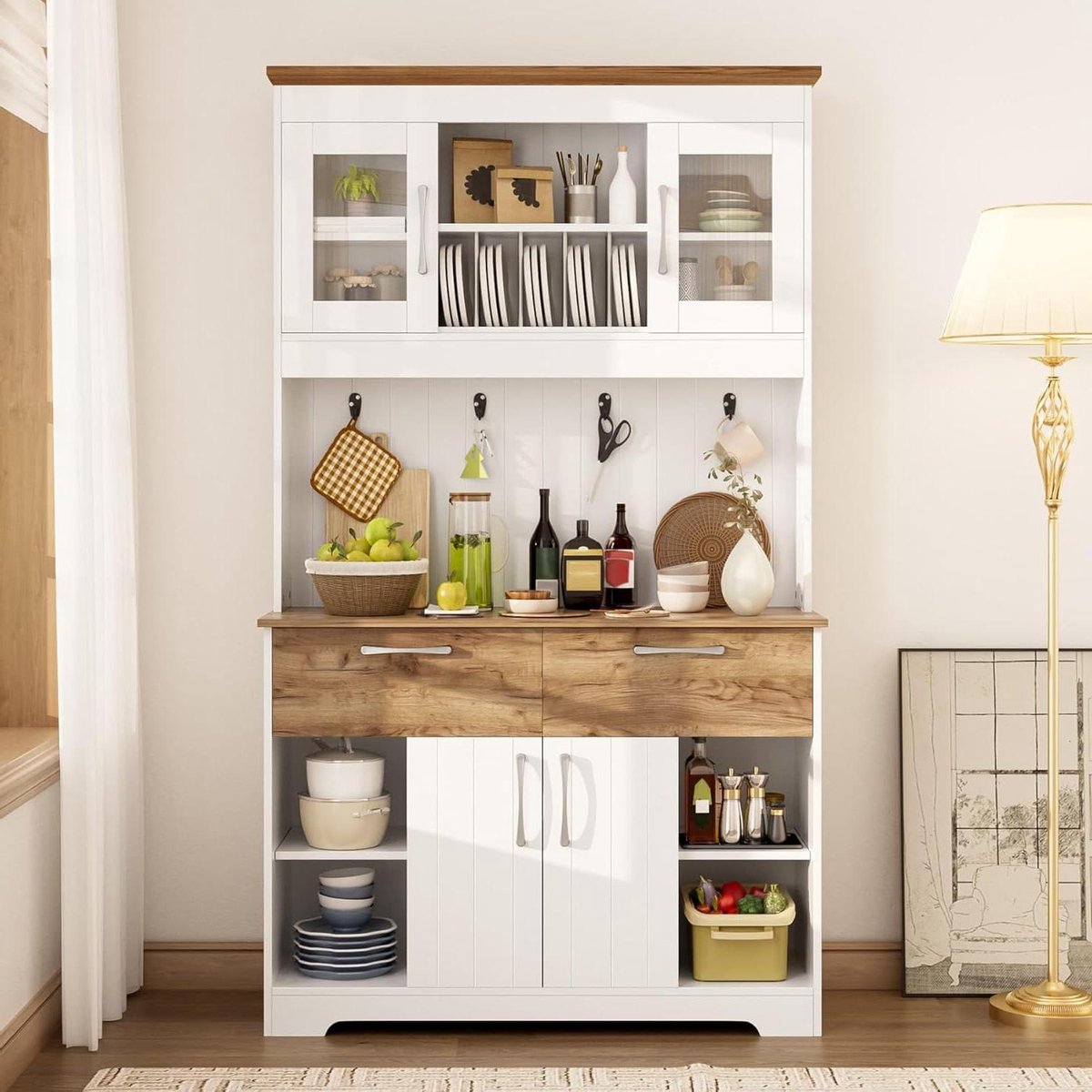 Keukenkast met Bovenkast - Dressoir Keuken - Keuken Organiseren - Glazen Deuren en Haken - 106x39x176.5cm - Wit Houtkleur