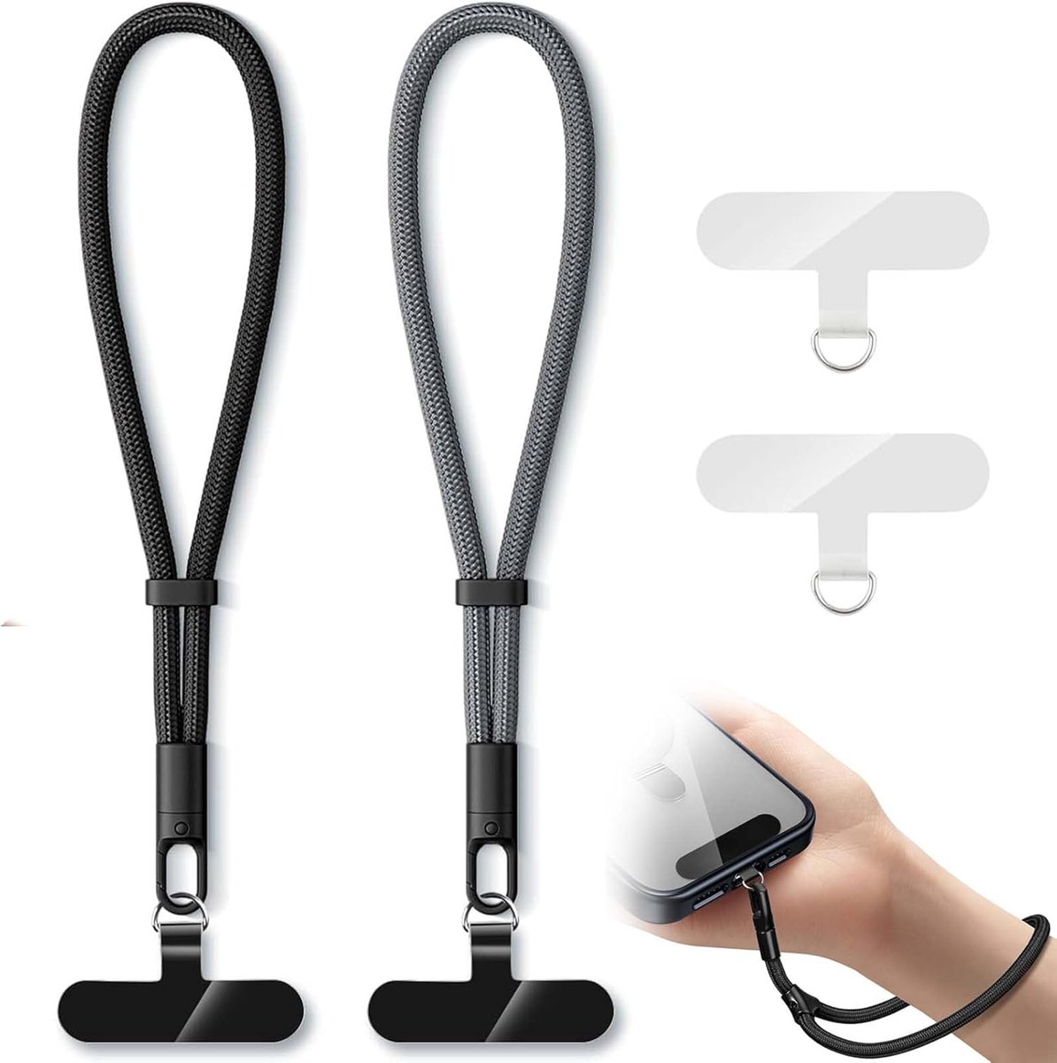 2er-Pack Handyband mit Handschlaufe & Tether Patch Universal Handykette verstellbar multifunktional Polyester Sicherheitsband für Smartphone Frauen Männer Schwarz Grau