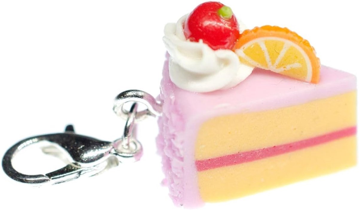 Taartstuk taartstuk aardbei charm taart taart roze - handgemaakte modesieraden I kettinghanger verzilverd - bedelhanger bedelarmband - hanger voor armband, 20 mm, Metaal Katoen, Geen