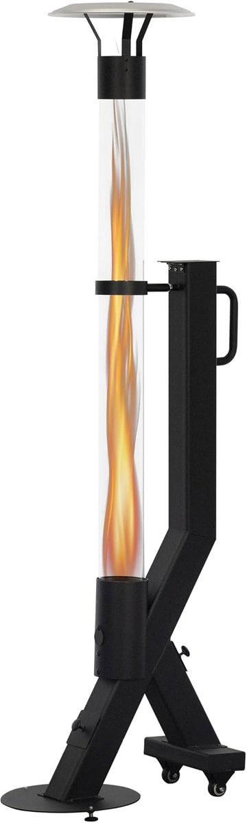Flame Pellet Terrasverwarmer, Buitenverwarming met hittebestendige glazen buis, Gepoedercoat zwart, 6.5kW vermogen, Aluminium reflector, Verplaatsbaar, grondplaat voorzien van 2 wielen.