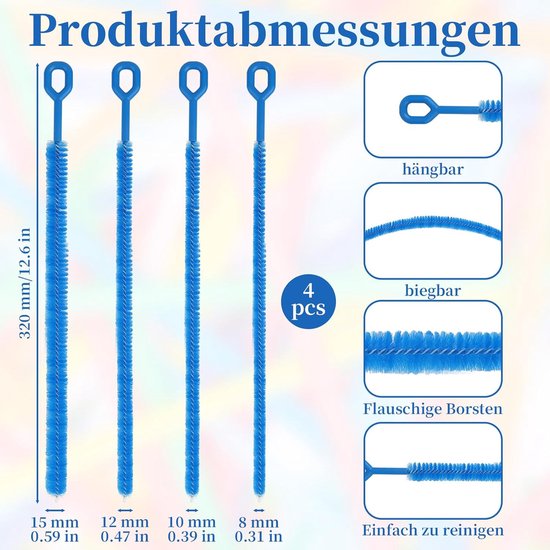 4 stuks rietjesreinigingsborstel, herbruikbare rietjesborstel, flexibele rietjesborstel met stalen kern, geschikt voor verschillende maten rietjes en drinkbekers (blauw) — afbeelding 3